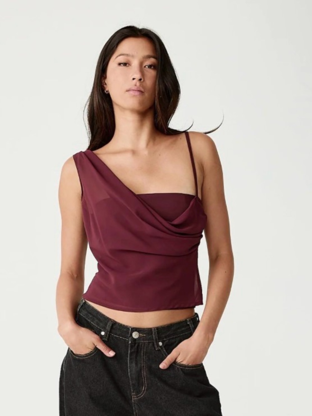 Charcoal Asymmetrical Draped Davinia Top in Burgundy NWT